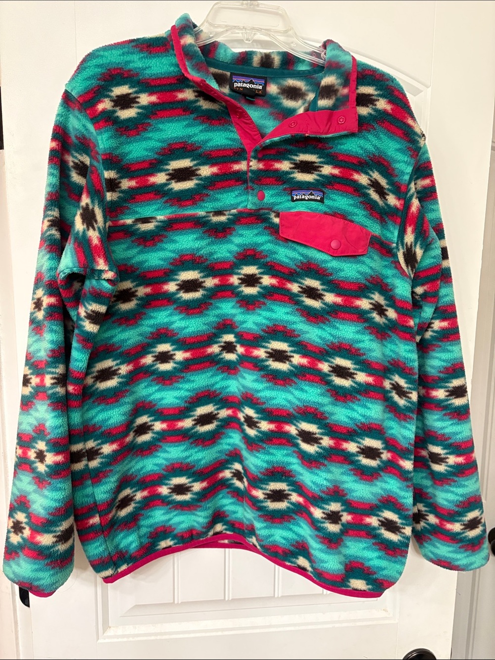 Patagonia Teal & Pink Geometric Fleece Snap Pullover Womens XL